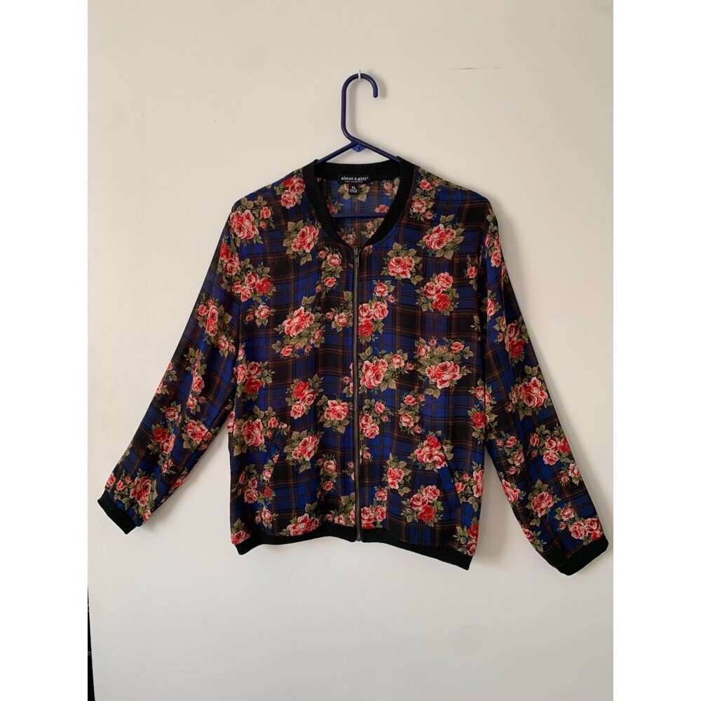 About A Girl Los Angeles Women XL Royal Blue Red Floral Thin Jacket